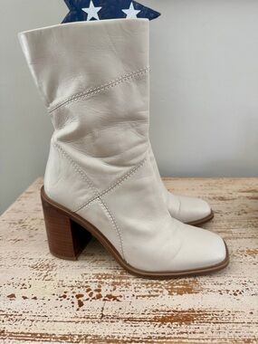 Franco Sarto White/Bone Leather Block Heel Mid-Calf Boots